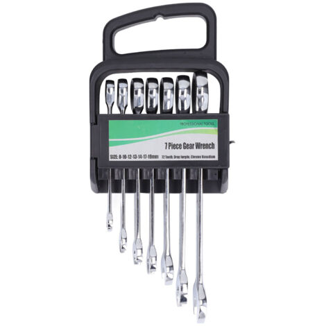 Jeu de 7 cliquets à tête fixe haute résistance, finition polie, clés mixtes pour travaux mécaniques.