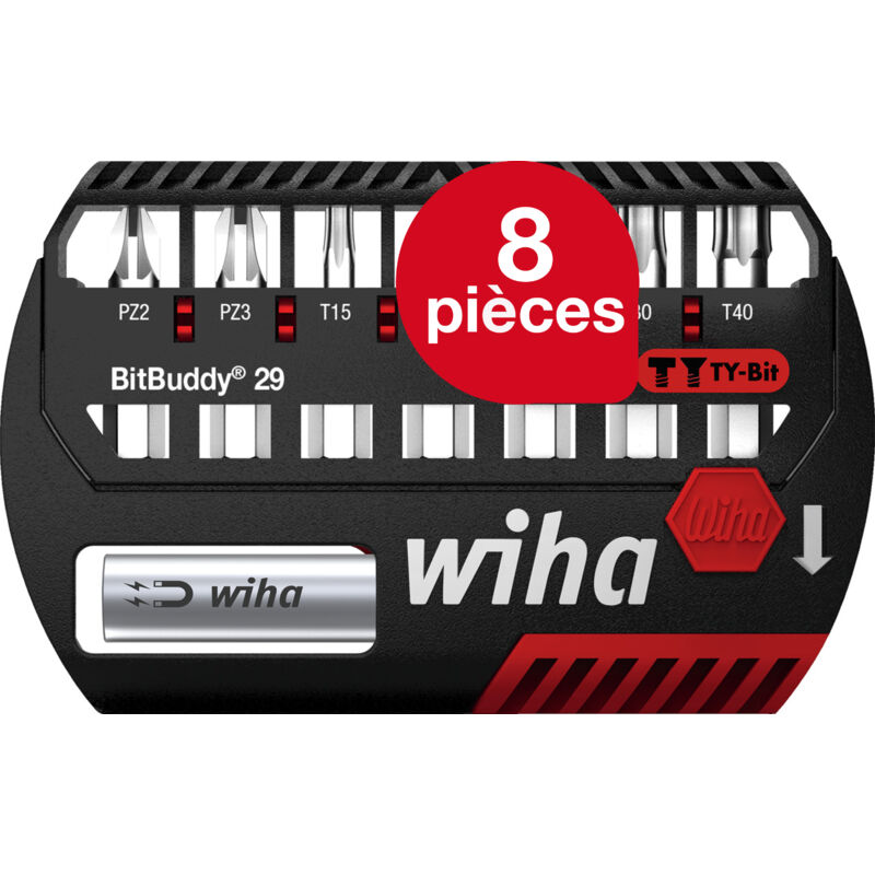 Wiha - Jeu d'embouts BitBuddy 8 pièces i Embout ty 29 mm i Pozidriv, torx 1/4' C6,3 i Porte embout magnétique i Adapté aux visseuses à impact et à