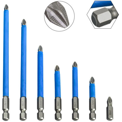 Jeu de 7 embouts de tournevis Phillips PH2 magnétiques antidérapants, compatibles avec les visseuses à percussion, tige hexagonale 1/4 pouce, (25-50-65-70-90-127-150) mm