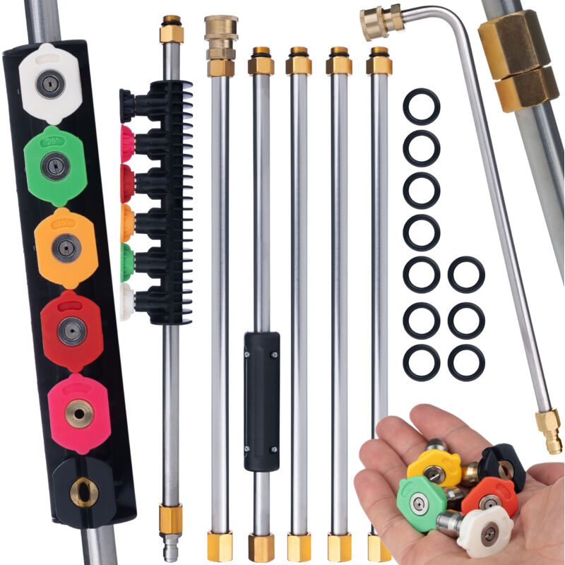 Set di 7 lance/prolunghe per idropulitrice, comprensivo di lancia piegata a 90° + 5 ugelli, attacco rapido 1/4' 250 bar