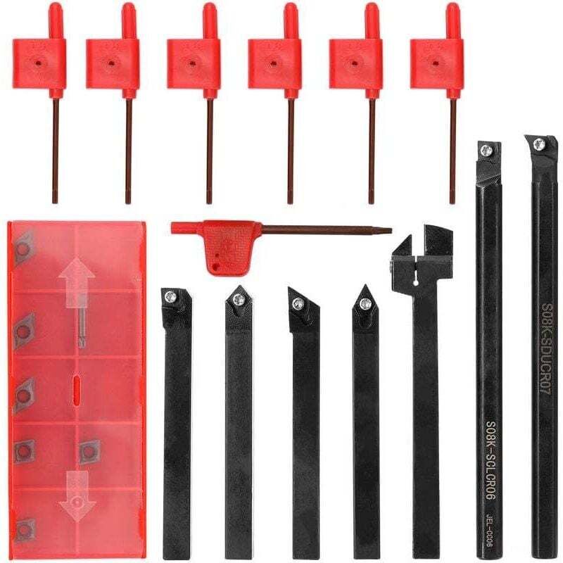 Image of Jeu de 7 outils de tournage, avec clé et plaquettes, compatible avec porte-outil de tour CNC - 8 mm