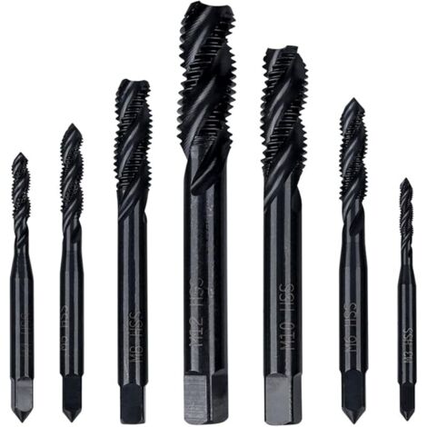 Jeu de 7 Tarauds à Filetage Hélicoïdal HSS Tarauds à Vis Cannelés Spirale Métrique Tarauds Assortiment M3 M4 M5 M6 M8 M10 M12 Outil de Taraudage de Filetage en Acier Rapide Revêtement en Nitrure