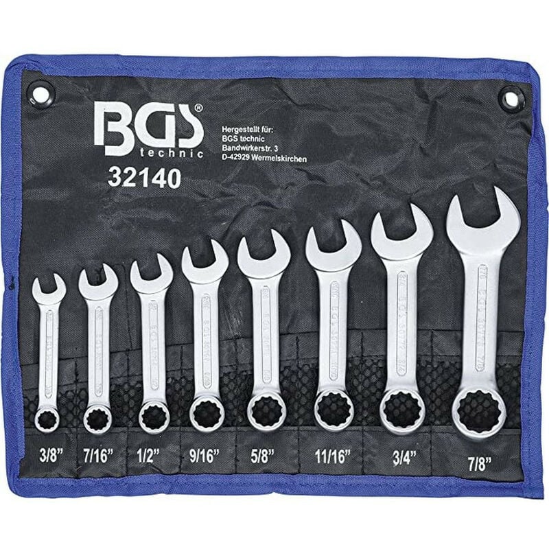 Bgs Technic - Jeu de 8 cles mixtes a oeil plates extra courtes en pouce de 3/8 a 7/8 bgs