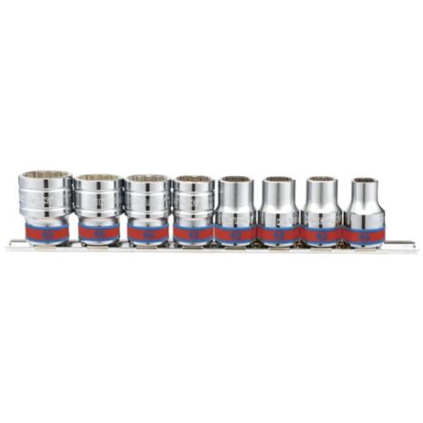 Jeu de 8 douilles 12 pans 1/2' N pouce sur rail 230 mm – Dimensions précises pour mécanique – Inclus : 3/8', 7/16', 1/2', 9/16', 11/16', 3/4', 13/16', 7/8' – King Tony