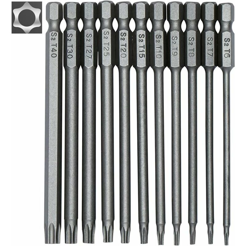 Jeu de 11 Longueur 100 mm embouts longs Torx pour tournevis et visseuse électrique - Embouts magnétiques - Tige hexagonale de 1/4' - Tailles T6 à T40