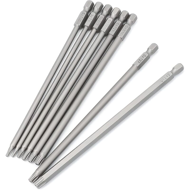 Jeu de 8 - Longueur 150 mm embouts longs Torx pour tournevis et visseuse électrique - Embouts magnétiques - Tige hexagonale de 1/4' - Tailles T6 à T40