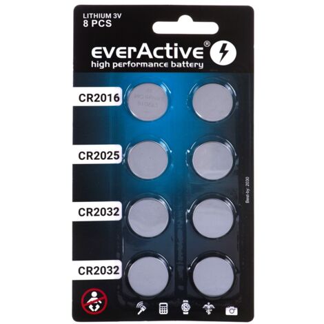 Jeu de 8 piles au lithium everActive 4 x CR2032, 2 x CR2025, 2 x CR2016
