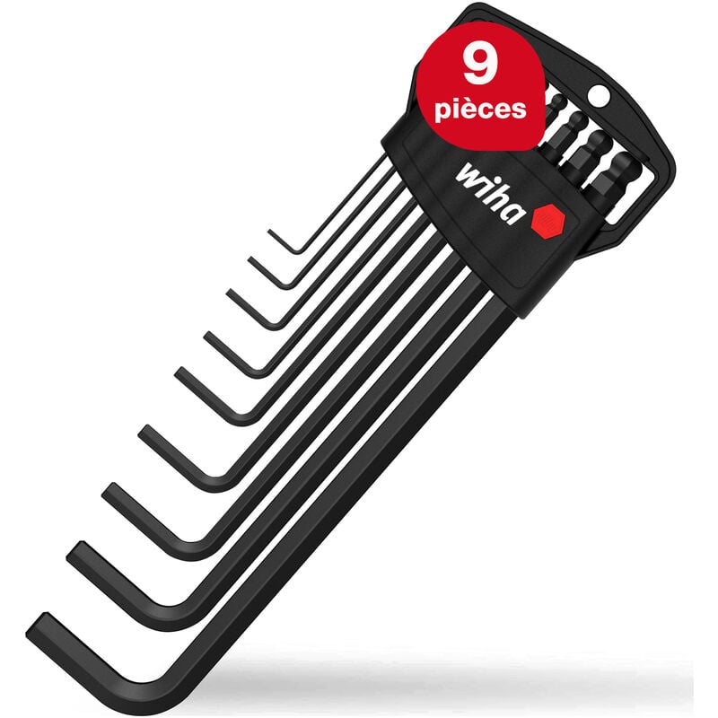 Wiha - Jeu de clés mâles 9 pièces dans étui Classic i Six pans à tête sphérique i 1,5 mm - 10 mm i Oxydé noir sous blister i Petit et compact (03992)
