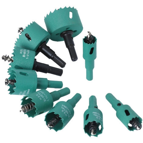 Jeu de 9 forets scies cloches bimétalliques de 19 à 51 mm en acier rapide, multifonctions, à queue hexagonale, pour le perçage du bois, du plastique, du plâtre, de l'aluminium, du fer et des tôles.