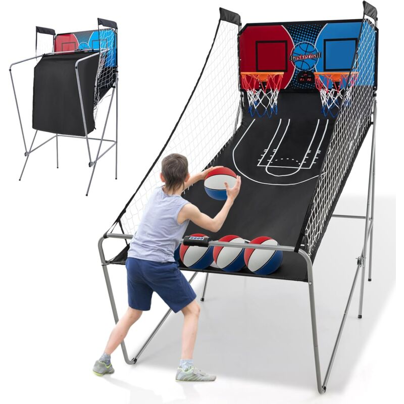 Jeu de Basketball Arcade Pliable Goplus 2 Paniers/4 Ballons/8 Modes de Jeux/Capteur Électrique/LED Score - 202x107x205CM - Noir