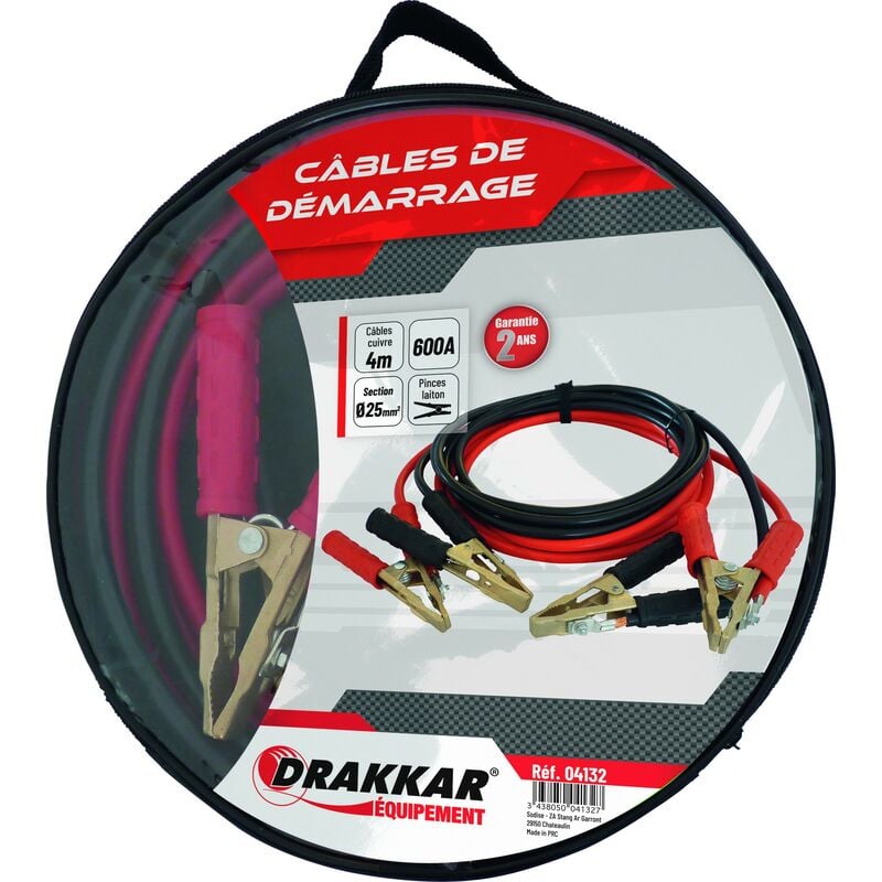 Jeu de cables de démarrage cuivre souple pinces laitons 600 Ampères drakkar- S04132