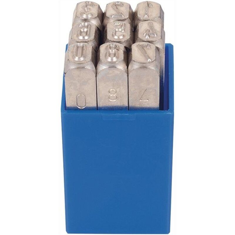 Jeu de chiffres à frapper 330 9 pièces chiffres 0-9 h. police d'écriture 6 mm ds boîte pl.