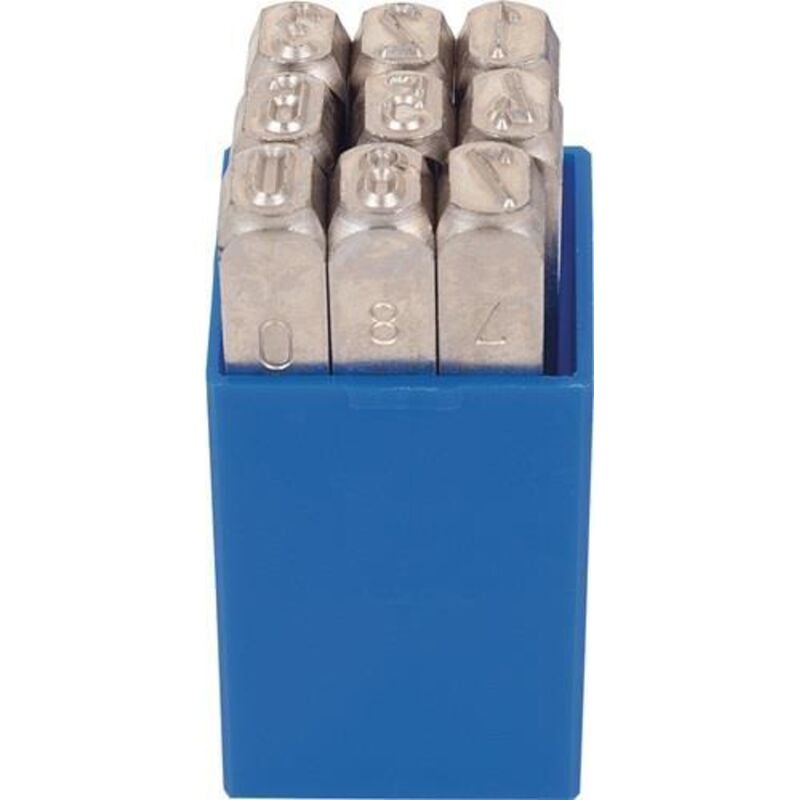 Jeu de chiffres à frapper 330 9 pièces chiffres 0-9 h. police d'écriture 5 mm ds boîte pl.