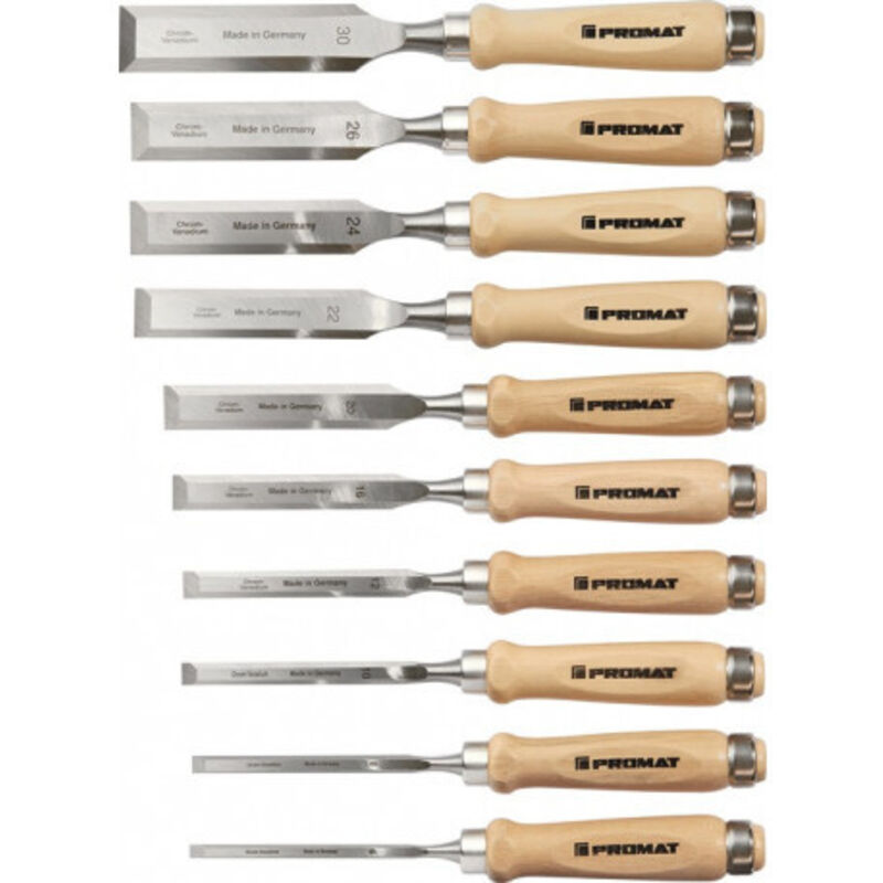 Promat - Jeu de ciseaux à bois 6,8,10,12,16,20,22,24,26,30 mm manche en hêtre blanc forme Ulm 10 pièces carton