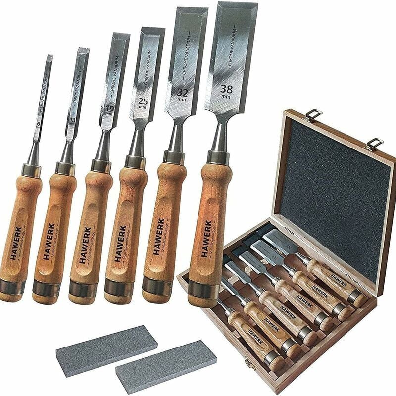 Jeu de ciseaux à bois, comprend 6ciseaux, 2pierres à aiguiser et un coffret, pour débutants et professionnels, convient au travail sur du bois