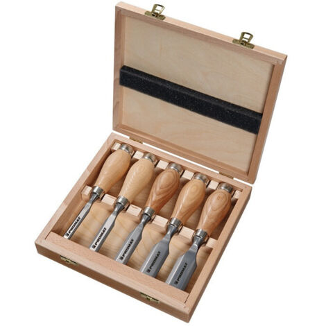 Jeu de ciseaux à bois courts 12,16,20,26,30 mm frêne, huilé 5 pièces coffret de bois PROMAT