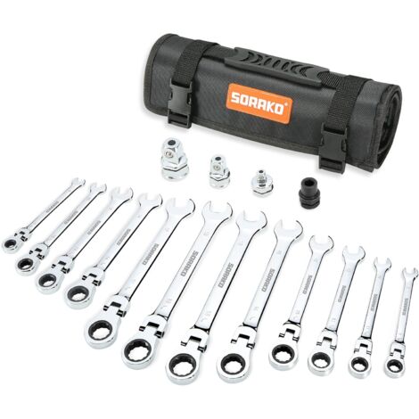 Jeu de clés à cliquet à tête flexible SORAKO Lot de 12 clés mixtes métriques à tête flexible dans un sac en rouleau 12 pièces, 8-19 mm, 4 adaptateurs