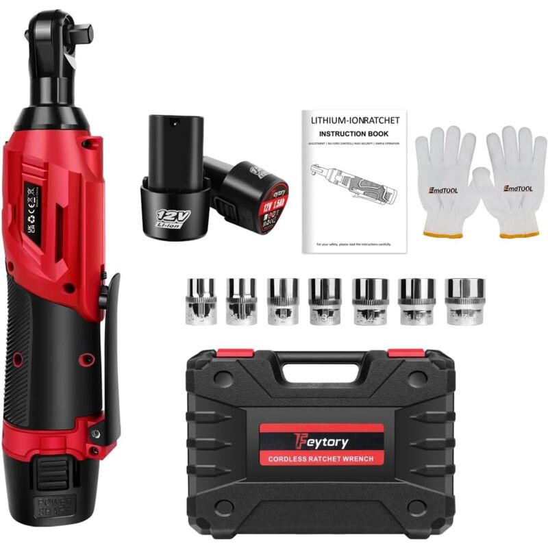 Jeu de Clés à Cliquet sans fil 12V Clé à Cliquet Électrique à Entraînement Carré de 3/8' Jeu de Clés à Cliquet à Couple de 40N.m avec 2 Batteries