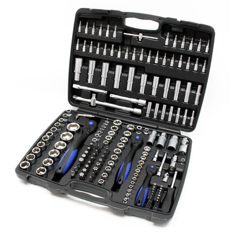 Jeu de 172 Clé à douille Ensemble outils Cliquet réversible Douille Adaptateur Écrou 1/4 1/2 3/8Jeu de clés à douille composé de 172 piècesOutil en