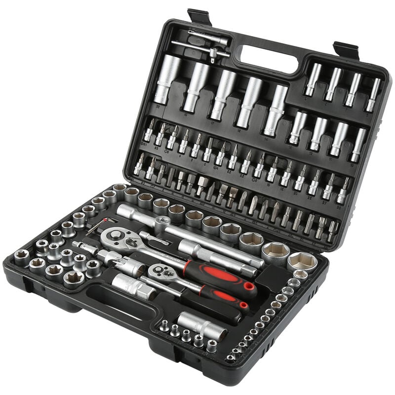 Jeu de Clés à Douille, Coffret Clé à Cliquet et Embouts, Avec une mallette noire, 108 pièces, Dimensions: 38,5 x 27 x 8,5 cm