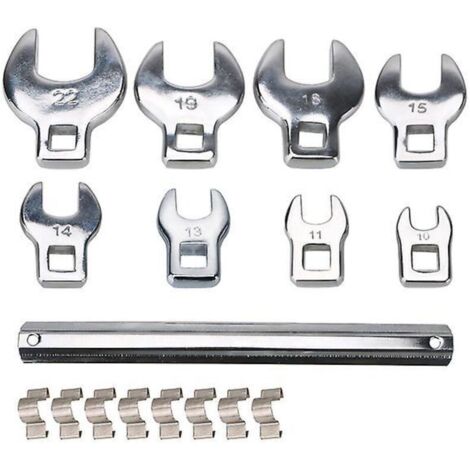 Jeu de clés Crowfoot 8 pièces 10 à 22 mm – Acier forgé chromé – Tête interchangeable pour cliquet 3/8 pouce – Outil professionnel