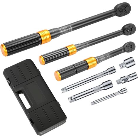 Jeu de clés dynamométriques (1/4 pouce- 3/8 pouce- 1/2 pouce)- 72 dents- précision de ±3 %- comprend 3 rallonges et 2 adaptateurs - outils professionnels pour vélos- motos et voitures.