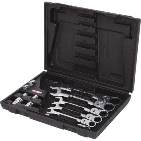 Jeu de clés mixtes à cliquet à tête inclinable à verrouillage GEARplus, 12 pcs avec adaptateurs