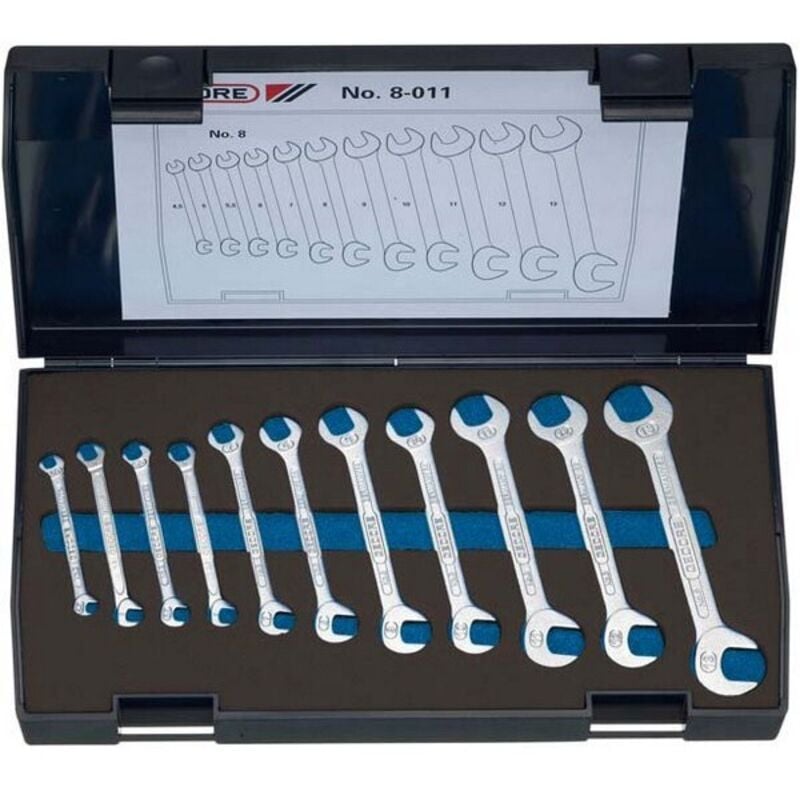 Jeu de clés plates doubles, petit modèle, 11 pièces, Contenu : 4,5 5 5,5 6 7 8 9 10 11 12 13 mm