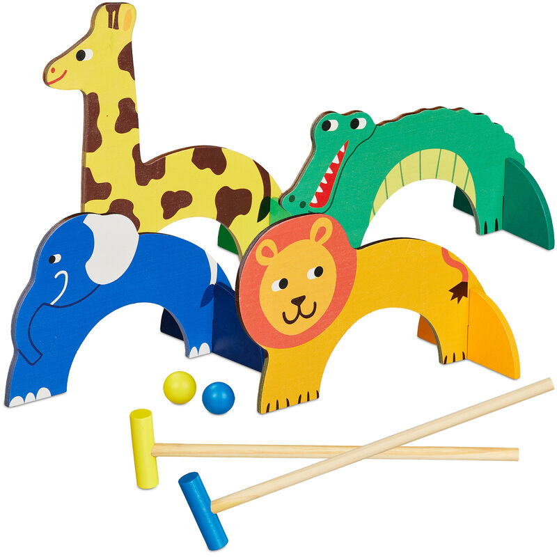 Jeu de croquet pour enfants, 2 joueurs, avec maillets, balles & arceaux, design animalier, bois, multicolore - Relaxdays