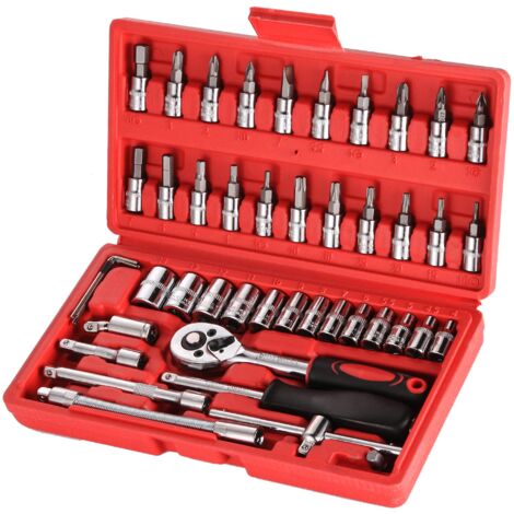 Jeu de Douille Chrome Vanadium 1/4" Adaptateur Jeu Coffret Douille pour Voiture Bricolage 46 pièces Rouge