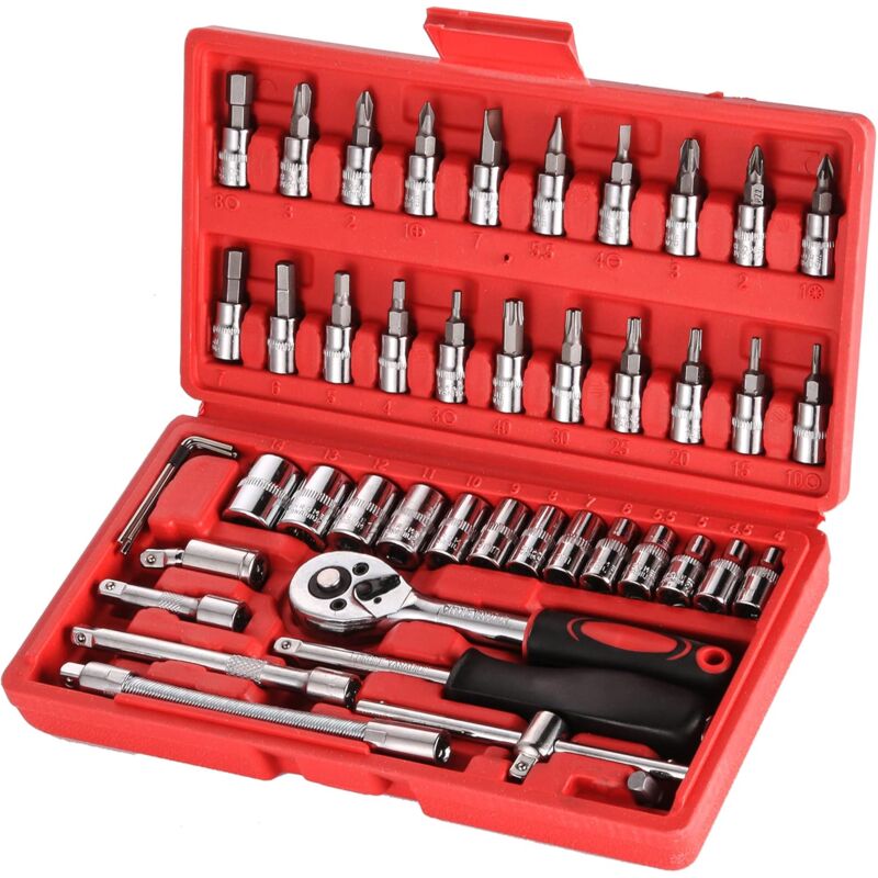 Jeu de Douille Chrome Vanadium 1/4' Adaptateur Jeu Coffret Douille pour Voiture Bricolage 46 pièces Rouge