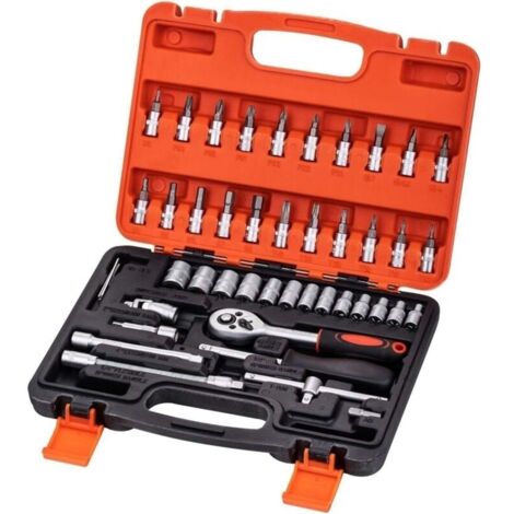 Jeu de Douilles 1/4" 46 Pièces, Outils Mecanique Entraînement Métrique 4-14mm avec Clé à Cliquet à Dégagement Rapide 24 Dents, Barres d'Extension, Joints Universels et Embouts