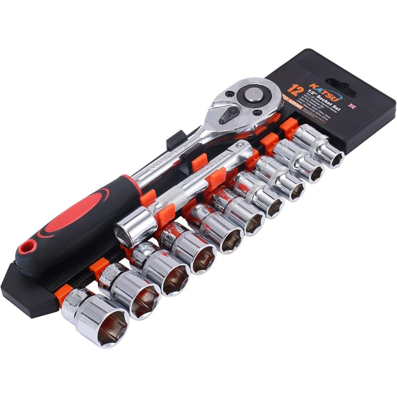 Jeu de douilles 1/2 Inch 12 pièces, entraînement métrique 10-24 mm avec clé à cliquet à dégagement rapide 24 dents et barre d'extension 5' acier au