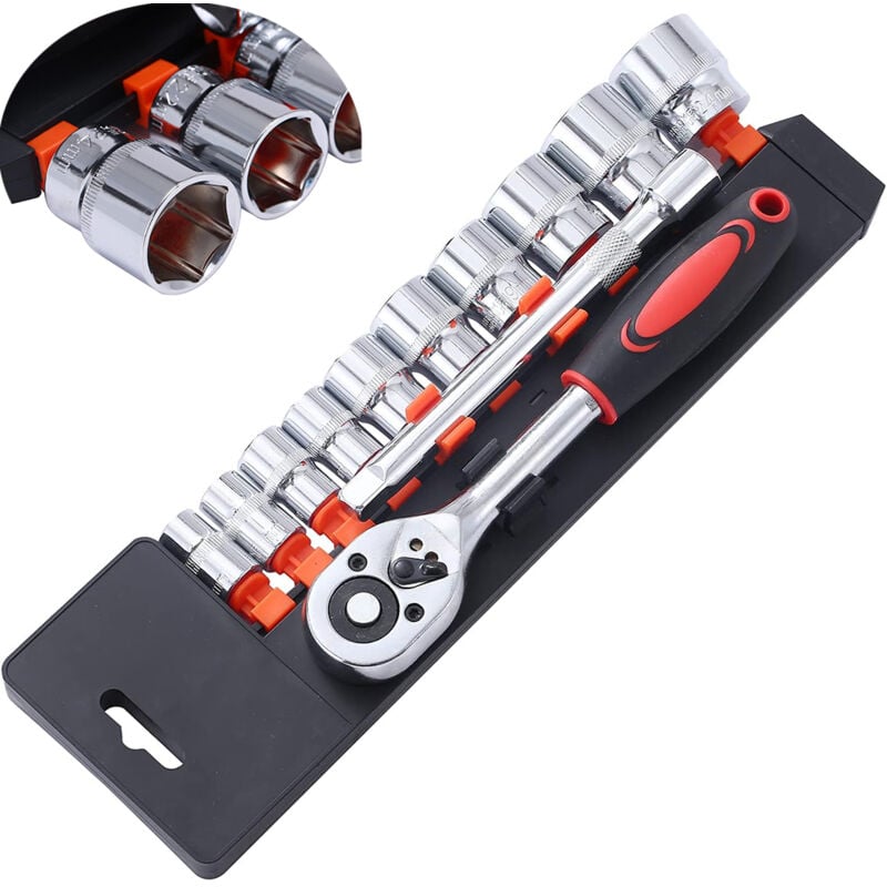 Jeu de Douilles 1/4' 12 Pièces, Entraînement Métrique 4-13mm avec Clé à Cliquet à Dégagement Rapide 24 Dents et Barre d'Extension 4', Outil de Garage