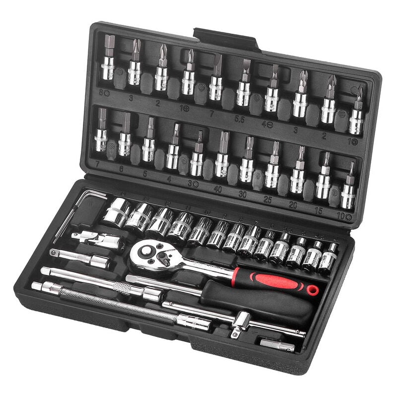 46 pièces Coffret d'outils universel douilles et accessoires 1/4, Ratchet Torque Wrench Wrench Screwdriver Socket Combination Tool Kit