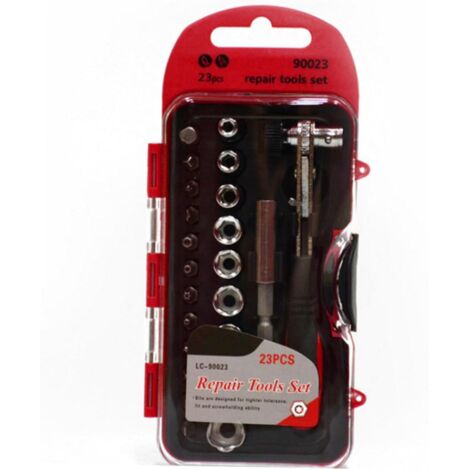 Jeu de Douilles 23 Pièces Tournevis à Cliquet et Rallonge Matériau Résistant Réparation Auto Maison Ensemble Complet pour Usage Manuel Coffret Pratique -