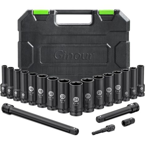 Jeu de douilles à choc 20 pièces, CR-V 8-24mm  Coffret 1/2" 16 pièces 6 Pans avec rallonge 3, 5,10-inch et adaptateur 3/8 1/2 Douille-2 -