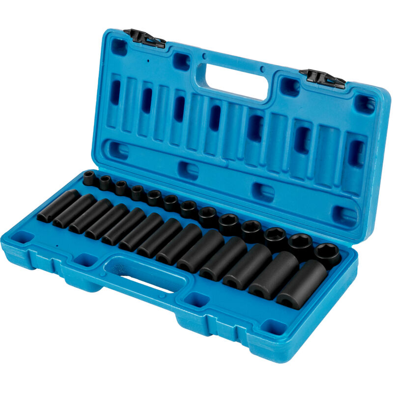 Jeu de douilles à choc Mophorn 3/8 pouces, 26 pièces, profondes et standard, 6 pans, construction robuste, métrique 9 mm - 30 mm, cage de rangement
