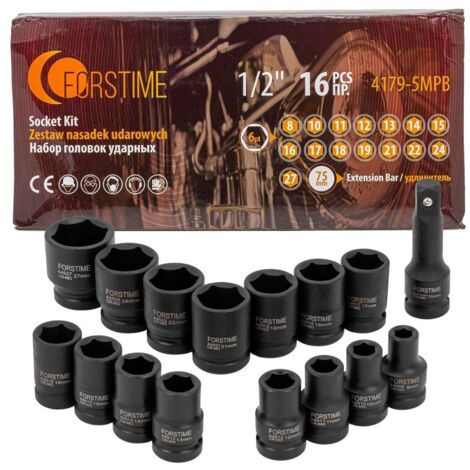 Jeu de douilles à chocs 1/2"" 8-27 mm 6 pans