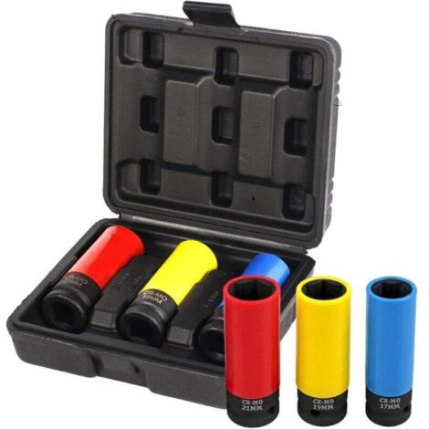 Jeu de douilles à chocs 1/2" pour jantes aluminium – 17 / 19 / 21 mm, lot de 3 pièces en acier trempé