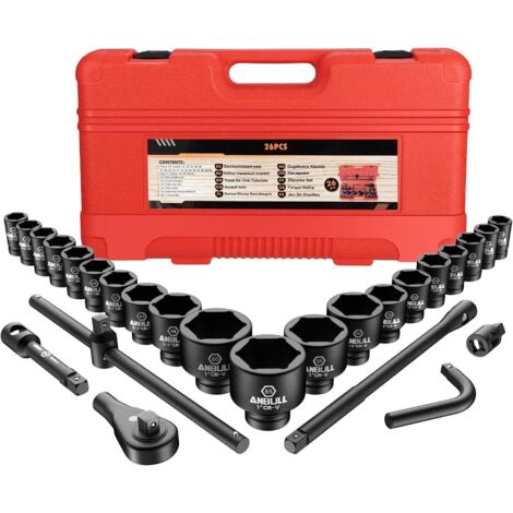 Jeu de Douilles à Chocs 3/4" - 27 Pièces Avec 3 Jeux 1" Tailles Métriques (21-50 mm et 50-65 mm) Acier CR-V Barres d'Extension