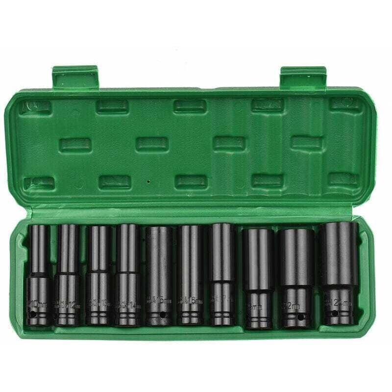 Ahlsen Jeu de douilles a chocs hexagonales a entrainement 1/2 pouce, 10 pieces, tailles metriques de douilles profondes, en acier au carbone de 10 a