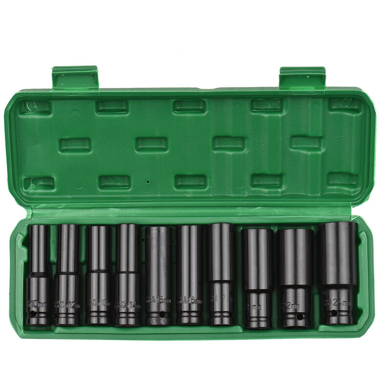 Jeu de douilles à chocs hexagonales à entraînement 1/2 pouces, 10 pièces, douilles profondes, tailles métriques 10-24mm, matériau cr-v avec boîte de