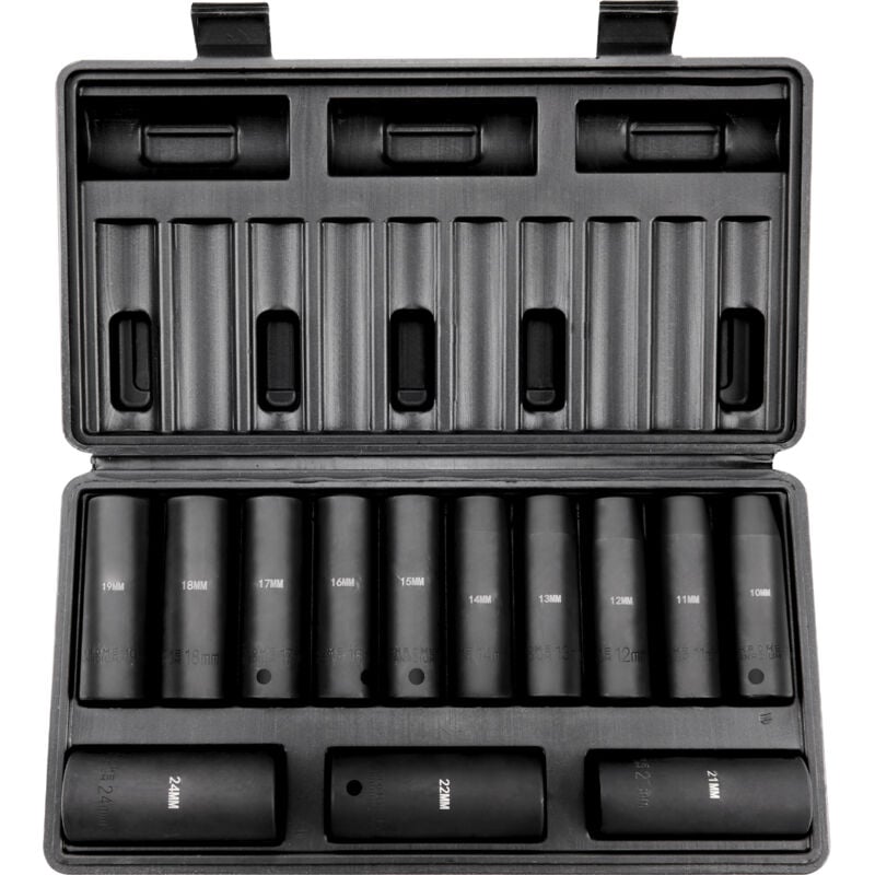 Jeu de douilles à chocs Mophorn 1/2", 13 douilles métriques profondes 10-24 mm, 6 points en acier allié CR-V pour réparation automobile avec étui de