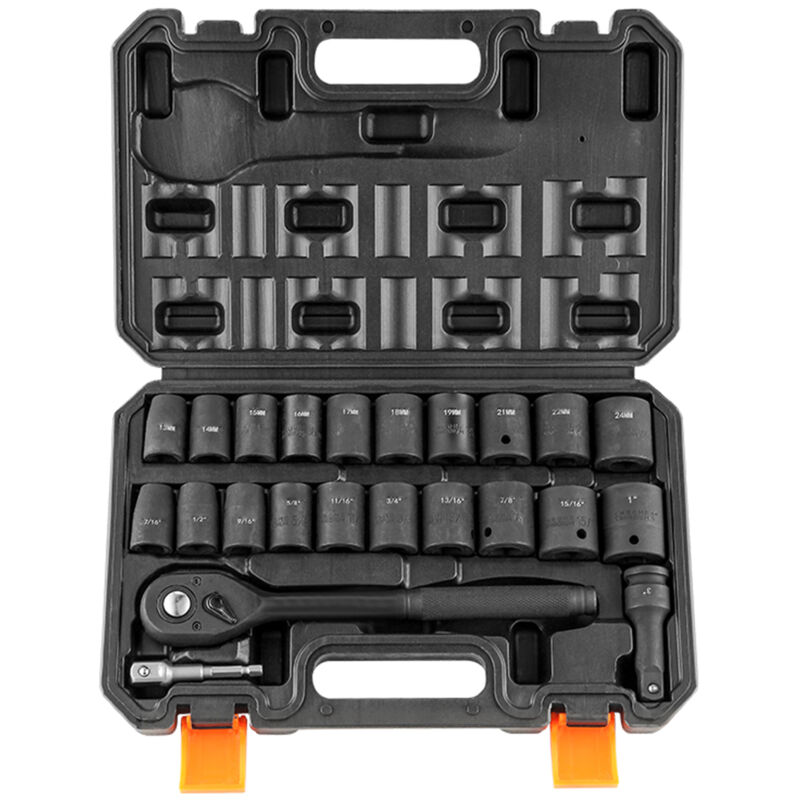 Jeu de douilles à chocs Mophorn 1/2', 23 pièces sae (7/16' - 1') et métrique (13-24 mm), acier allié Cr-V à 6 points pour réparation automobile,