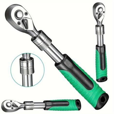 Jeu de douilles à cliquet avec entraînement de 1/4 pouce, poignée extensible, clé à 72 dents, à libération rapide et réversible.
