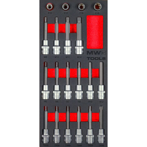 Jeu de douilles à embouts 1/2 5-16 mm TORX-HEX-SPLINE 20 pièces module en mousse pour servante d'atelier MW Tools MWDBI1220