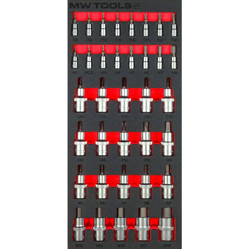 Jeu de douilles à embouts Hex-Torx 1/2- 1/4 hex-torx 36 pièces module en mousse pour servante d'atelier Mw Tools MWDBI141236
