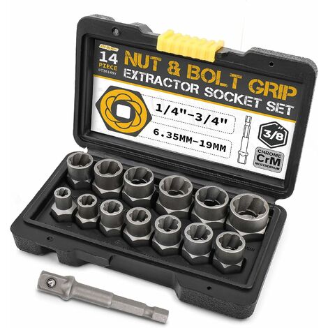 Jeu de douilles d'extracteur d'écrou et de poignée de boulon pour retirer les attaches dénudées et collées. Tailles de 6,4 mm à 19 mm / 1/4"à 3/4" Guazhuni 13 pièces
