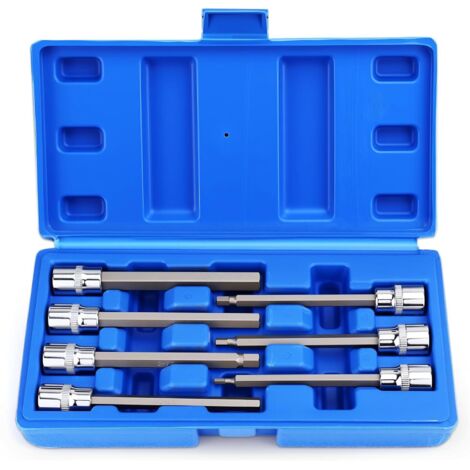 Jeu de douilles hexagonales longues 3/8" 7 pièces 3-10 mm en CR-V avec boîte de rangement pour visseuse à percussion, clé dynamométrique